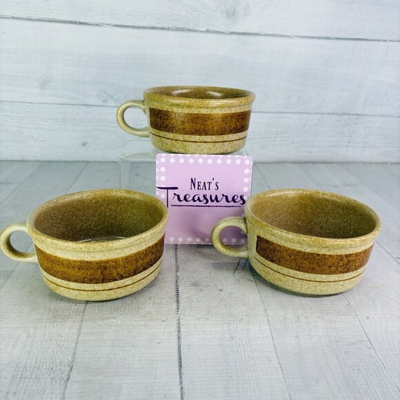 Pottery Craft USA #458 Beige Speckled Brown Stripe Ceramic Large Soup Mugs Set 3 - Picture 1 of 15
